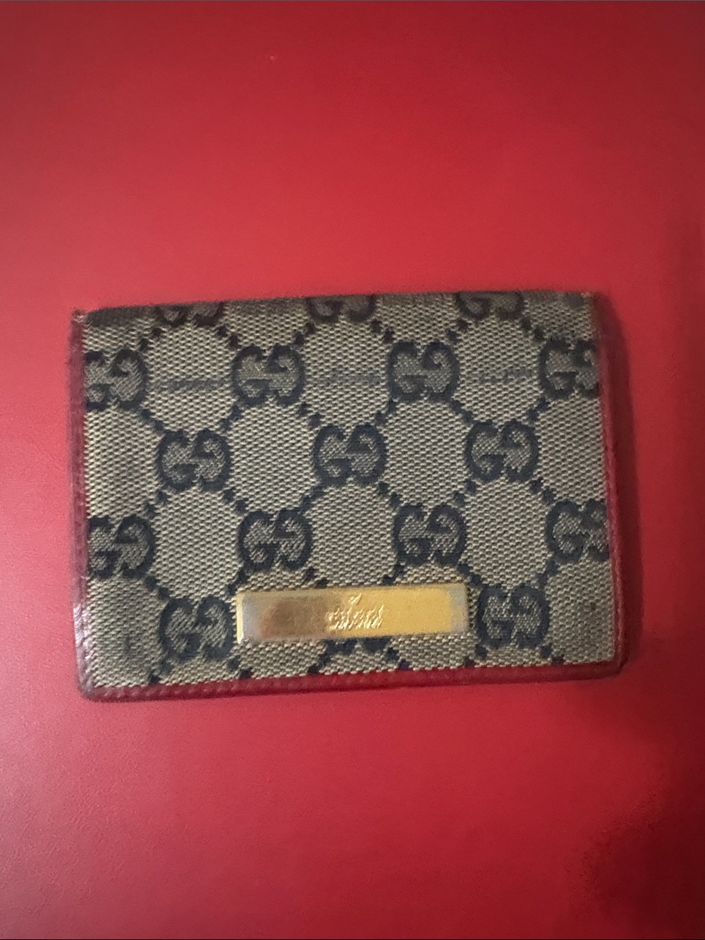 Gucci Beige/Brown GG Canvas Card Holder with Red Trim and Gold Plate